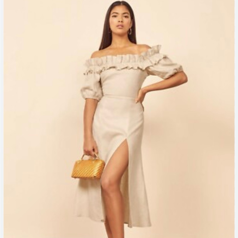 Reformation Off-Shoulder Beige Linen Midi Dress